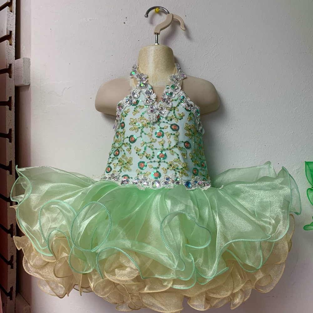 Toddler 18/24 Month Green & Gold Cupcake Pageant Dress & Matching Bow NWT